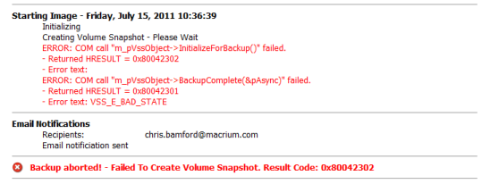 macrium reflect failed to create volume snapshot 0x80042306