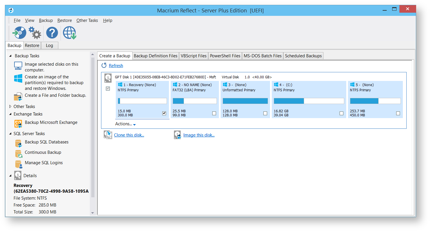 Macrium Reflect showing the backup task pane